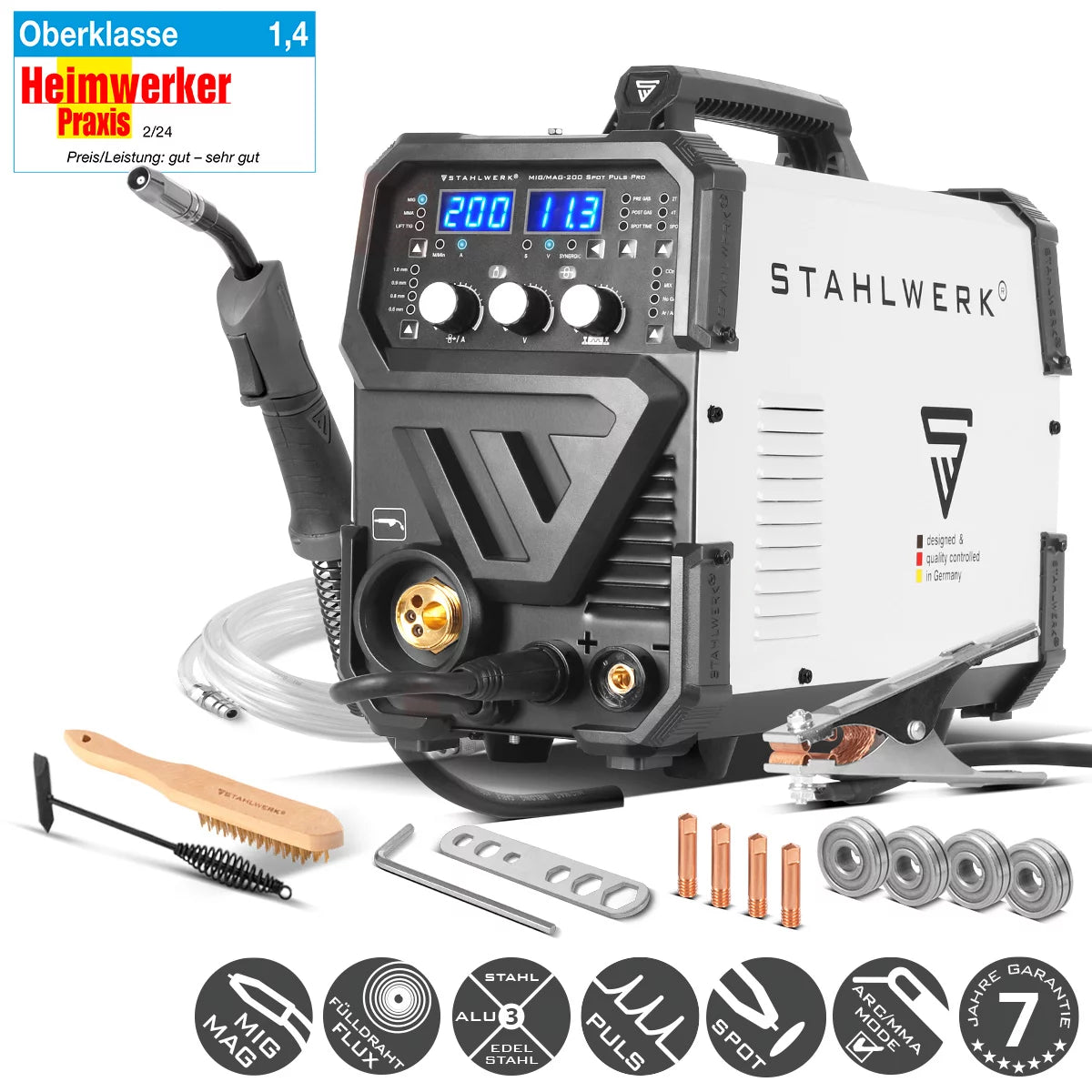 Poste à souder STAHLWERK MIG MAG 200 Spot Puls Pro, onduleur IGBT entièrement synergique, appareil combiné 5 en 1 avec fonction spot et 200 ampères, aluminium | fil fourré | MIG-MAG | MMA-ARC | Ascenseur TIG | pouls