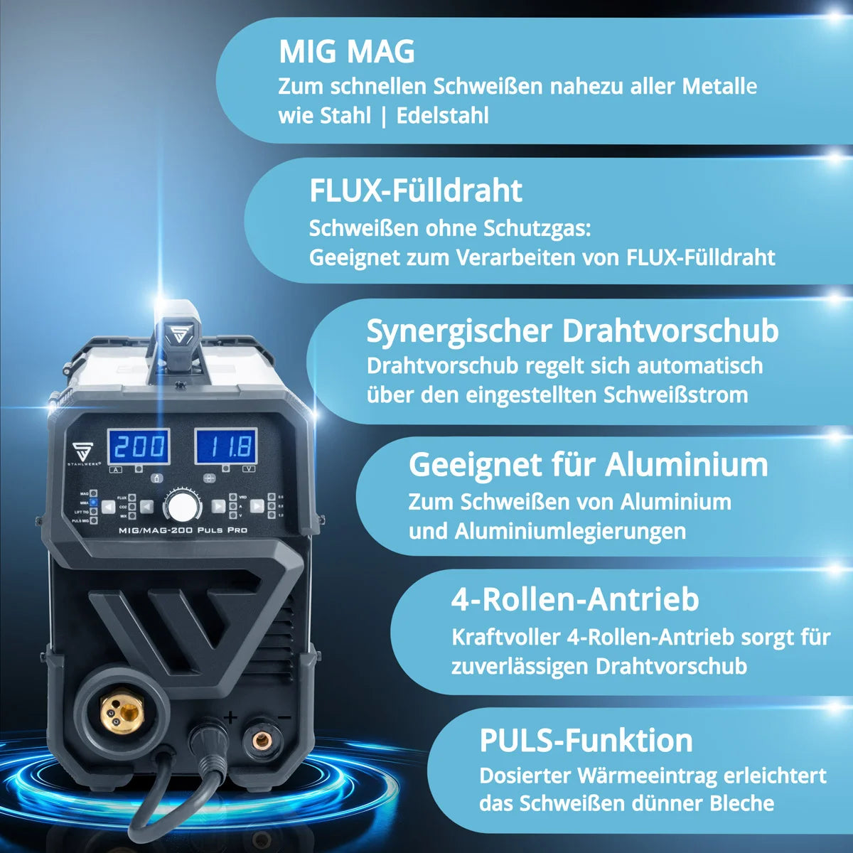 STAHLWERK MIG MAG 200 Puls Pro Schutzgas Schweißgerät Vollausstattung Vollsynergisches 5 in 1 Kombigerät mit echten 200 Ampere AK25/MB25 Alu-Verschleißteile-Set für Aluminium-Schweißen