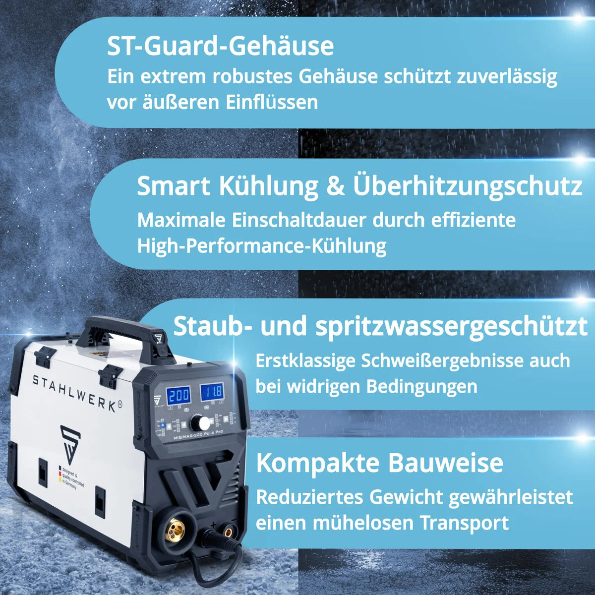 STAHLWERK MIG MAG 200 Puls Pro Schutzgas Schweißgerät Vollausstattung Vollsynergisches 5 in 1 Kombigerät mit echten 200 Ampere AK25/MB25 Alu-Verschleißteile-Set für Aluminium-Schweißen