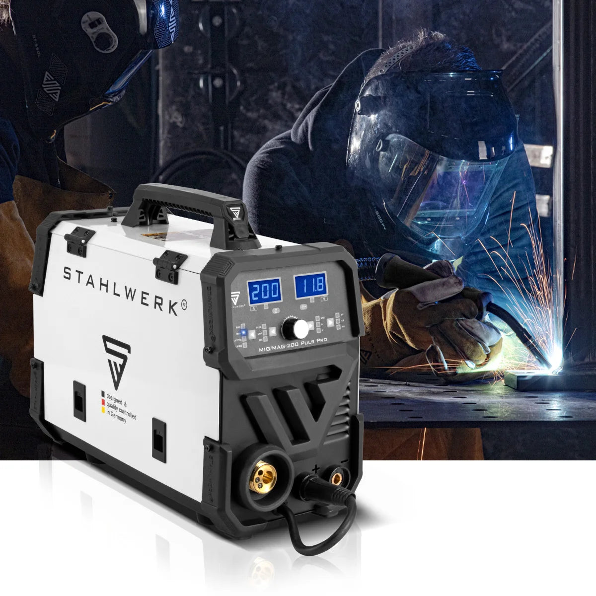 STAHLWERK MIG MAG 200 Puls Pro Schutzgas Schweißgerät Vollausstattung Vollsynergisches 5 in 1 Kombigerät mit echten 200 Ampere AK25/MB25 Alu-Verschleißteile-Set für Aluminium-Schweißen