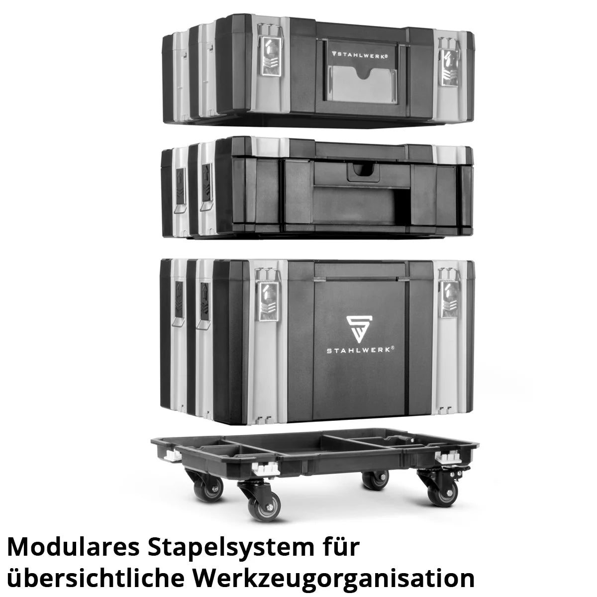 STAHLWERK Toolbox Set | 3 stapelbare Werkzeugkisten | Mobiler Werkzeug-Organizer mit Schubfach und Rollbrett | Flexibles Modul-System mit robusten Sortimentsboxen | Werkzeugtrolley