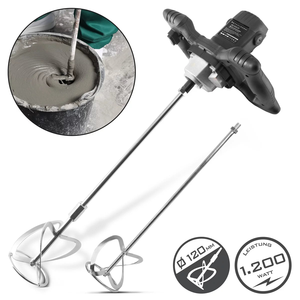 Agitateur STAHLWERK RW-1200 ST | 1 200 W et 850 tr/min | Agitateur à mortier électrique avec fouet supplémentaire 120 x 600 mm | Contrôle de vitesse et interrupteur de sécurité | Bétonnière | Agitateur de peinture | mélangeur de couleurs