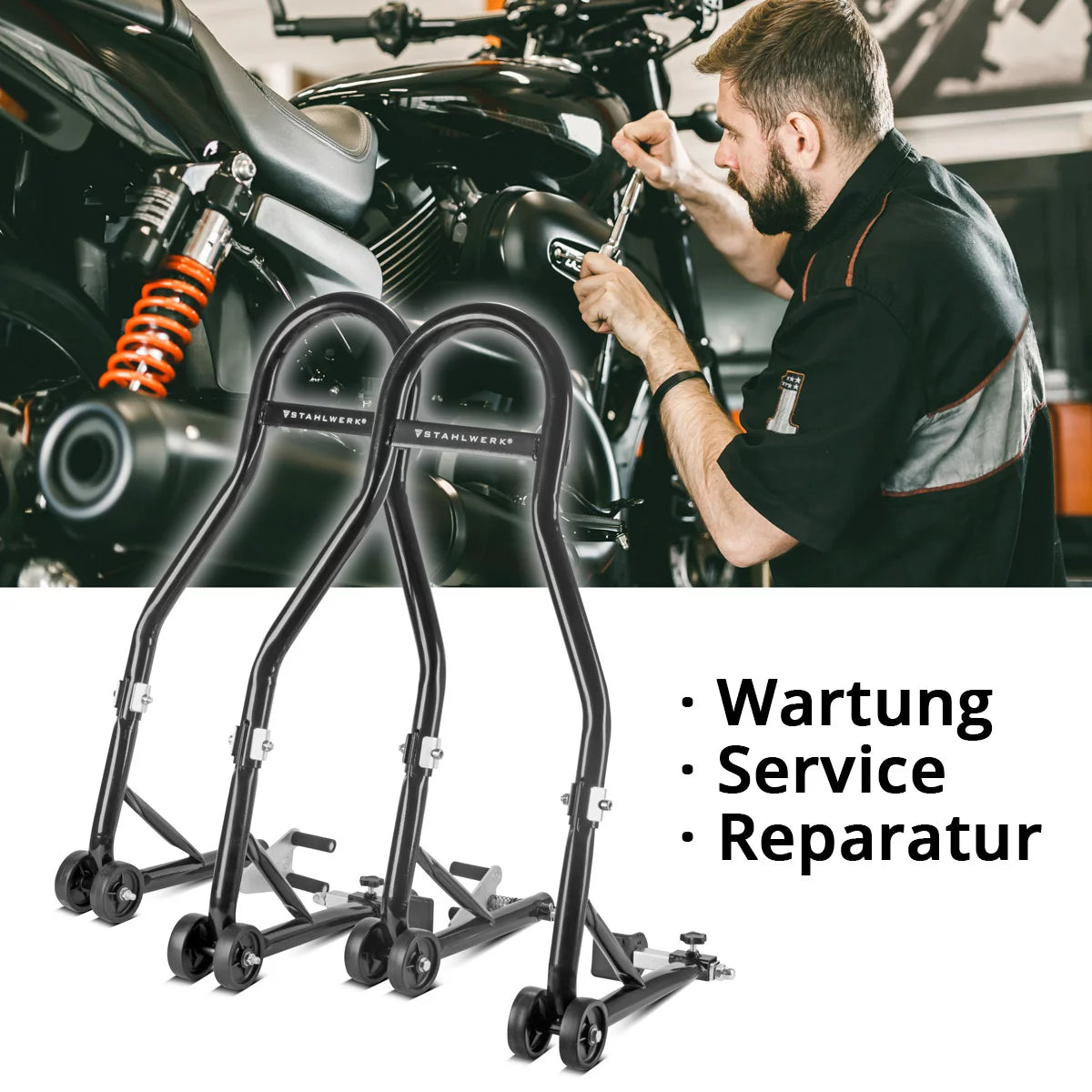 Soporte de ensamblaje de motocicletas Steelworks con capacidad de carga de 450 kg de soporte de motocicleta universal | Motorbic Cercado | Semillas RADA | Subgadora de ciclo | Interior y rockero delantero para mantenimiento y reparación