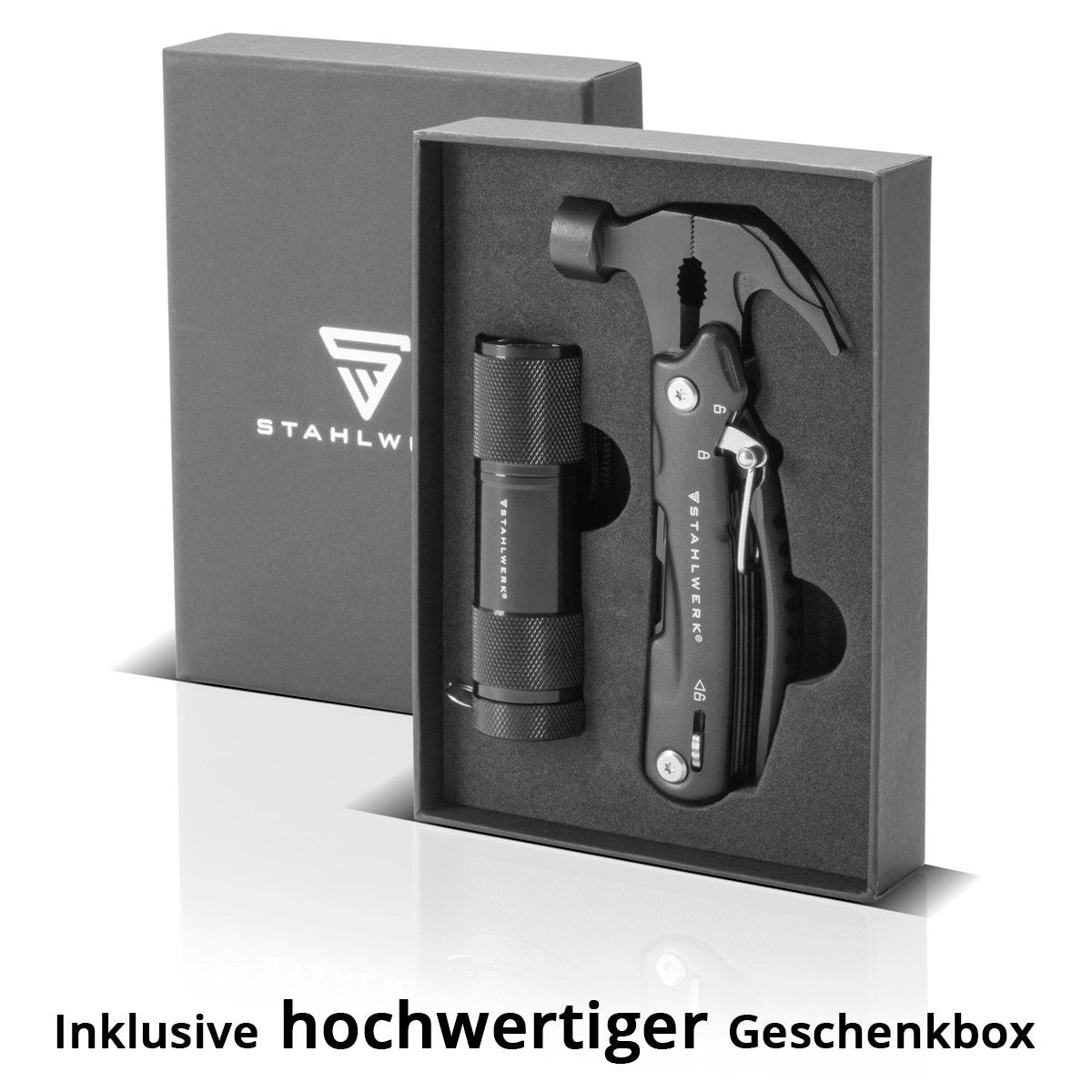 STAHLWERK multitool with 12 tools, high-quality pocket knife / folding knife / multifunctional tool with hammer, knife, saw, file, combination pliers, screwdriver etc. including LED flashlight