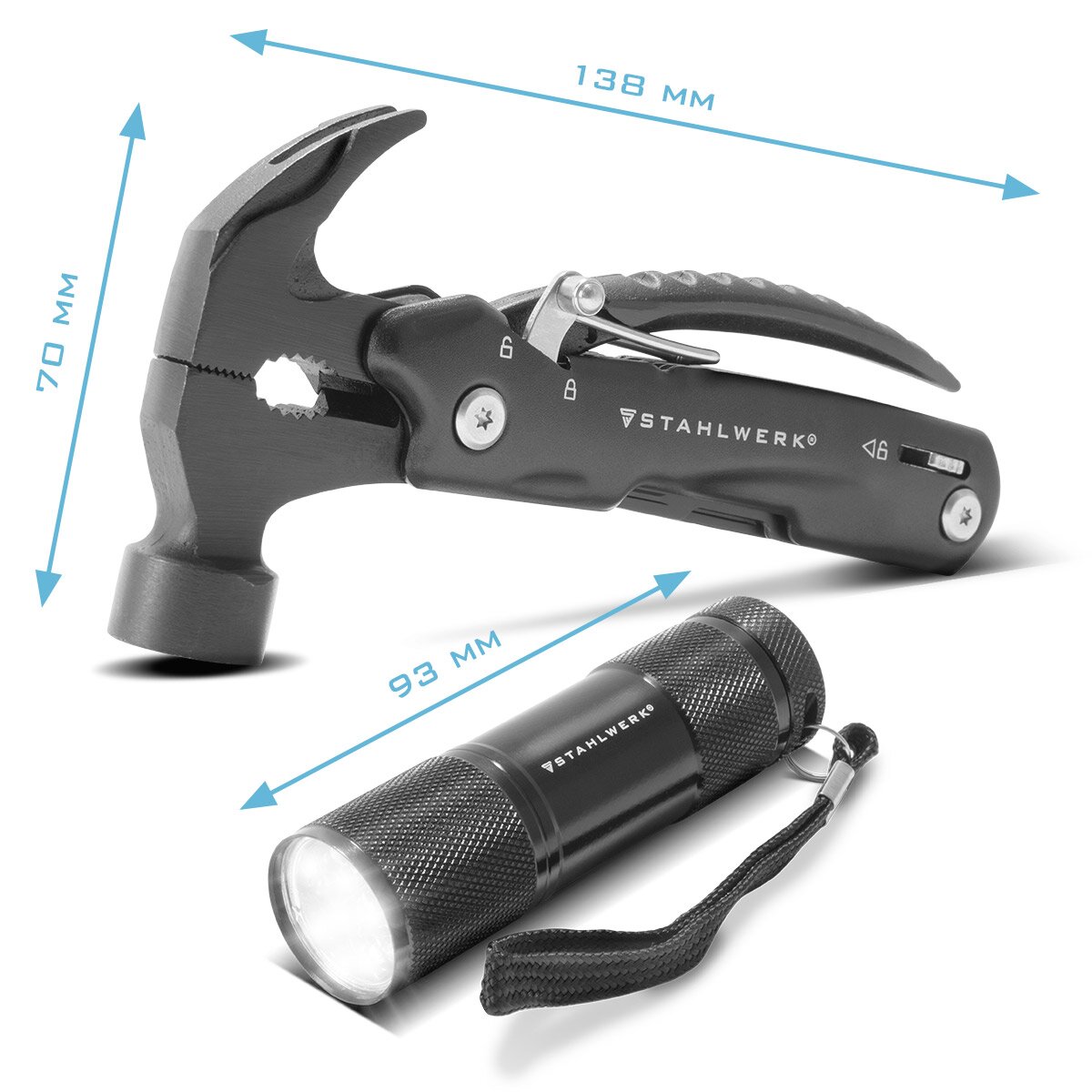 STAHLWERK multitool with 12 tools, high-quality pocket knife / folding knife / multifunctional tool with hammer, knife, saw, file, combination pliers, screwdriver etc. including LED flashlight