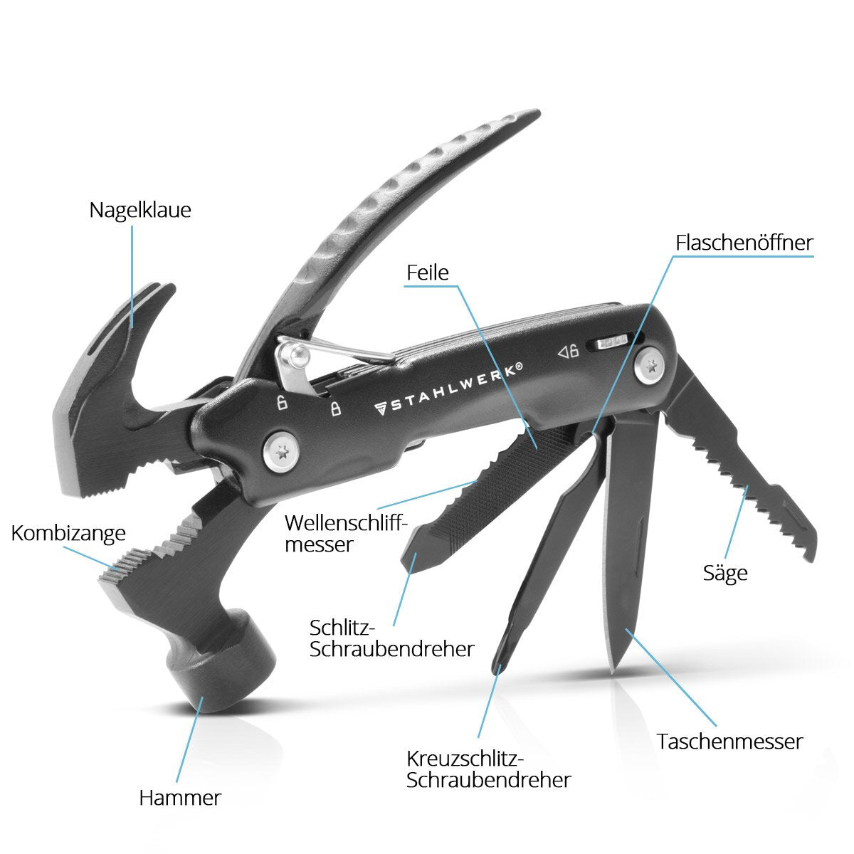 STAHLWERK multitool with 12 tools, high-quality pocket knife / folding knife / multifunctional tool with hammer, knife, saw, file, combination pliers, screwdriver etc. including LED flashlight