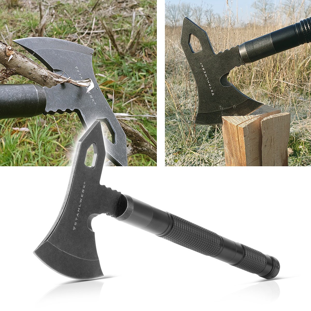 Multiutensile STAHLWERK / strumento multifunzione / kit di sopravvivenza all'aperto con ascia, coltello multifunzione, sega, martello di emergenza e fischietto con acciaio antincendio
