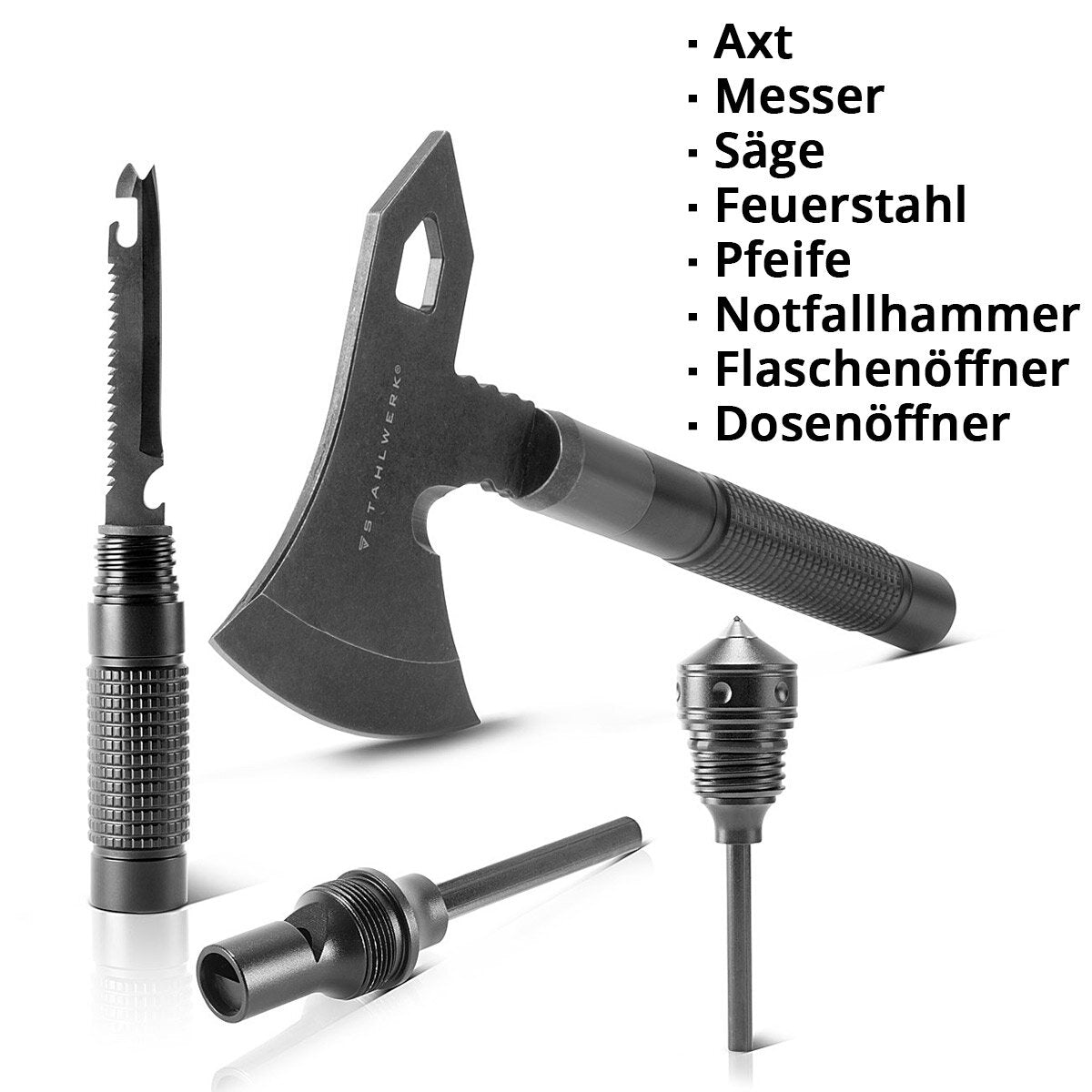 Multiutensile STAHLWERK / strumento multifunzione / kit di sopravvivenza all'aperto con ascia, coltello multifunzione, sega, martello di emergenza e fischietto con acciaio antincendio