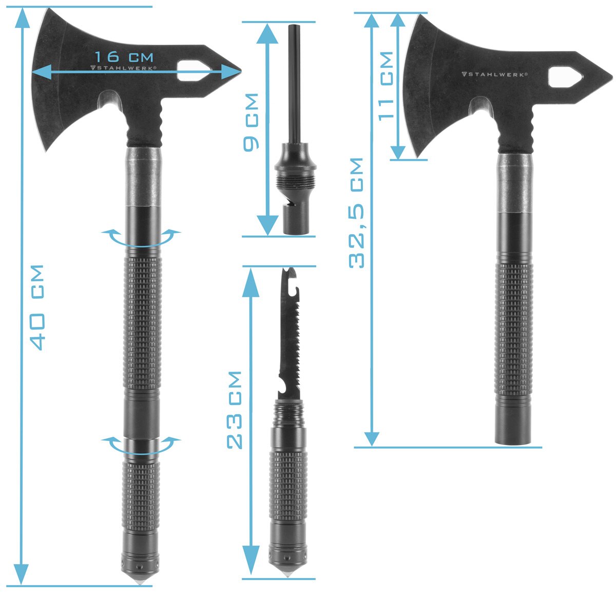 Multiutensile STAHLWERK / strumento multifunzione / kit di sopravvivenza all'aperto con ascia, coltello multifunzione, sega, martello di emergenza e fischietto con acciaio antincendio