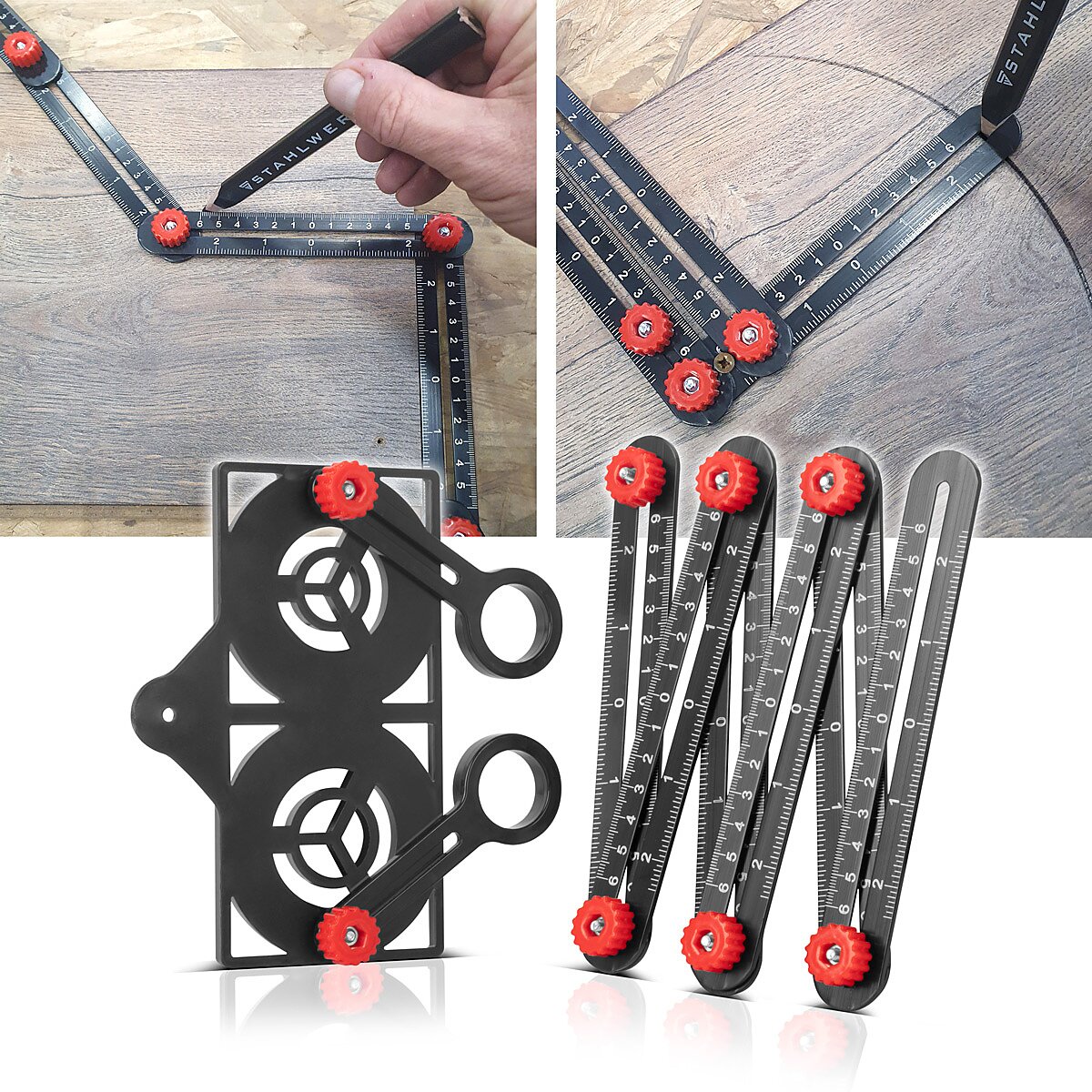STAHLWERK 6-in-1 multi-angle measuring ruler for precise creation of stencils, high-quality angleizer | Angle template | contour gauge | Template Tool | Aluminum measuring tool