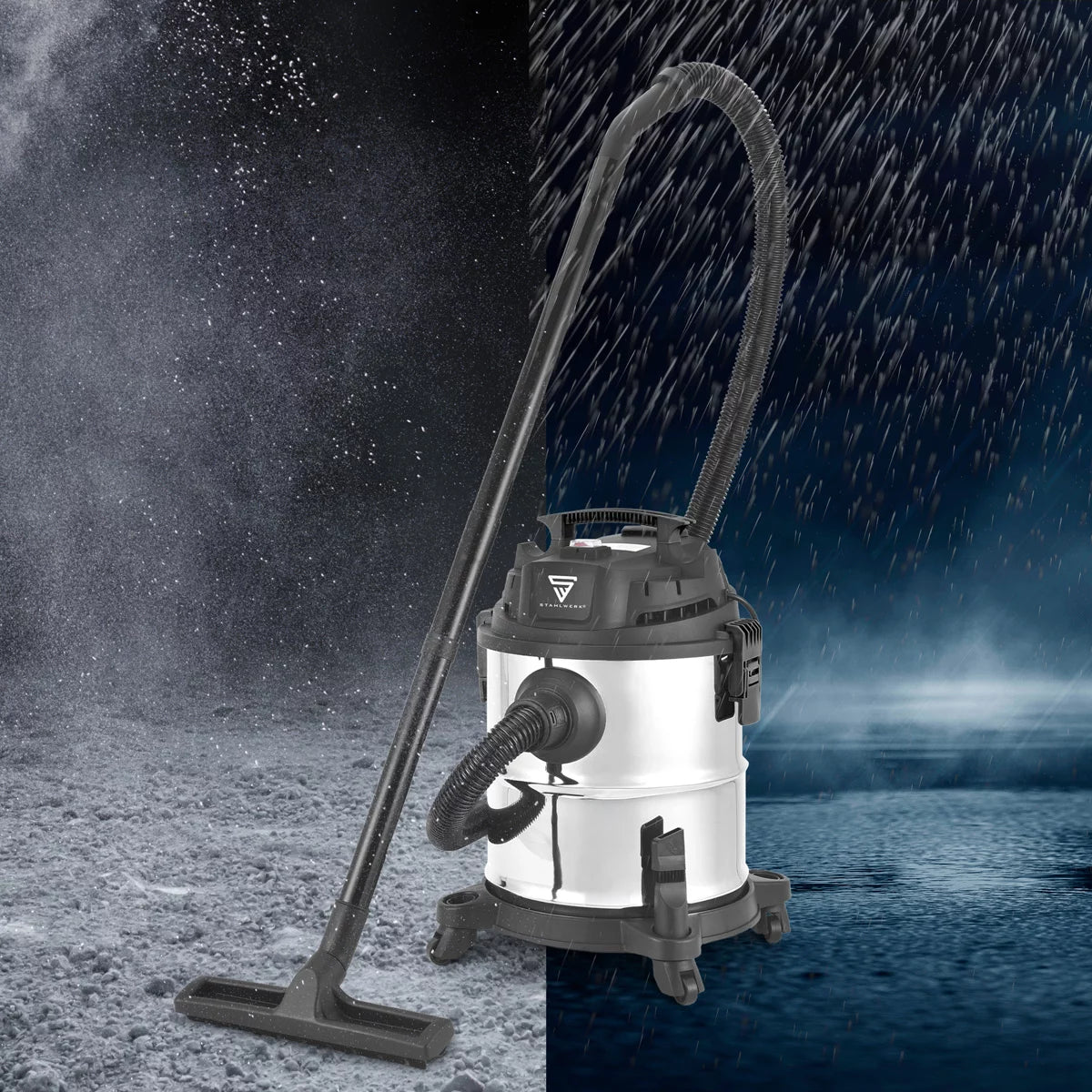 Aspiraliquidi STAHLWERK VCL-1200 ST | Aspirapolvere da officina da 1200 W con contenitore in metallo da 20 l | Funzione scuoti-polvere e soffiaggio | Aspiratore industriale compatto per officine, garage e cantieri