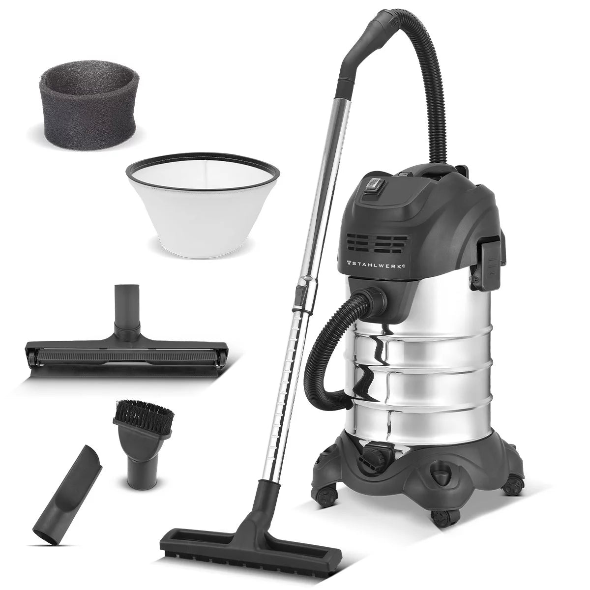 STAHLWERK Nass- und Trockensauger VCL-1600 ST | 1600 W Industriesauger mit 35 l Edelstahlbehälter | Sicherheitsabschaltung | Umfangreiches Zubehörpaket | Robuster Werkstattsauger