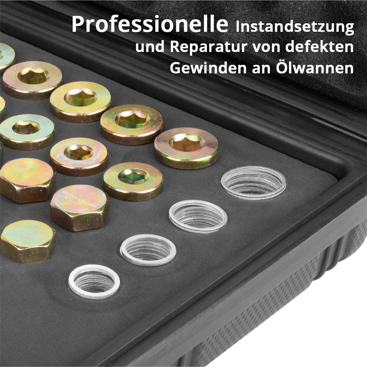 STAHLWERK set di riparazione per tappo di scarico dell'olio 64 pezzi kit di riparazione per filettatura di scarico dell'olio | Riparazione discussione | toccare | Strumento per il cambio dell'olio | Kit di riparazione filo | Kit riparazione coppa olio