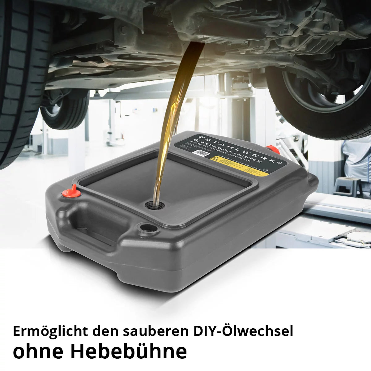 Tanica cambio olio STAHLWERK 10 L | Robusto vassoio raccogli olio | Mobile e flessibile da usare | Coppa dell'olio con ausilio di raccolta | Funzione 2 in 1: tanica per olio e carburante per auto, moto e officine