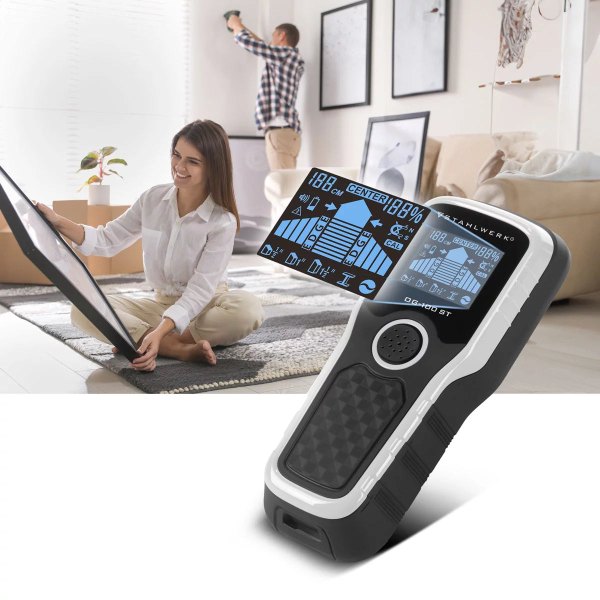 STAHLWERK Ortungsgerät OG-100 ST Wandscanner, Metalldetektor, Leitungssucher, Bolzendetektor, Kabelsuchgerät, Wanddetektor zum Orten von Stromleitungen, Metallobjekten oder Balken in Wand und Decke