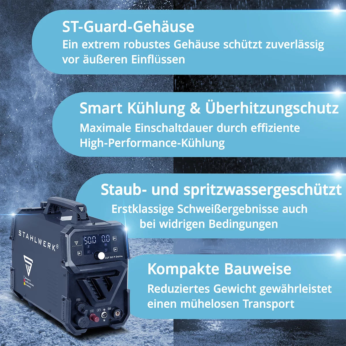 STAHLWERK Plasmaschneider CUT 50 P Digital | 50A Inverter-Plasmaschneider | Blowback-Zündung | Digitalanzeige | THC-Schnittstelle für CNC | Schneidleistung bis 20 mm | Plasma Cutter mit 2T/4T-Funktion