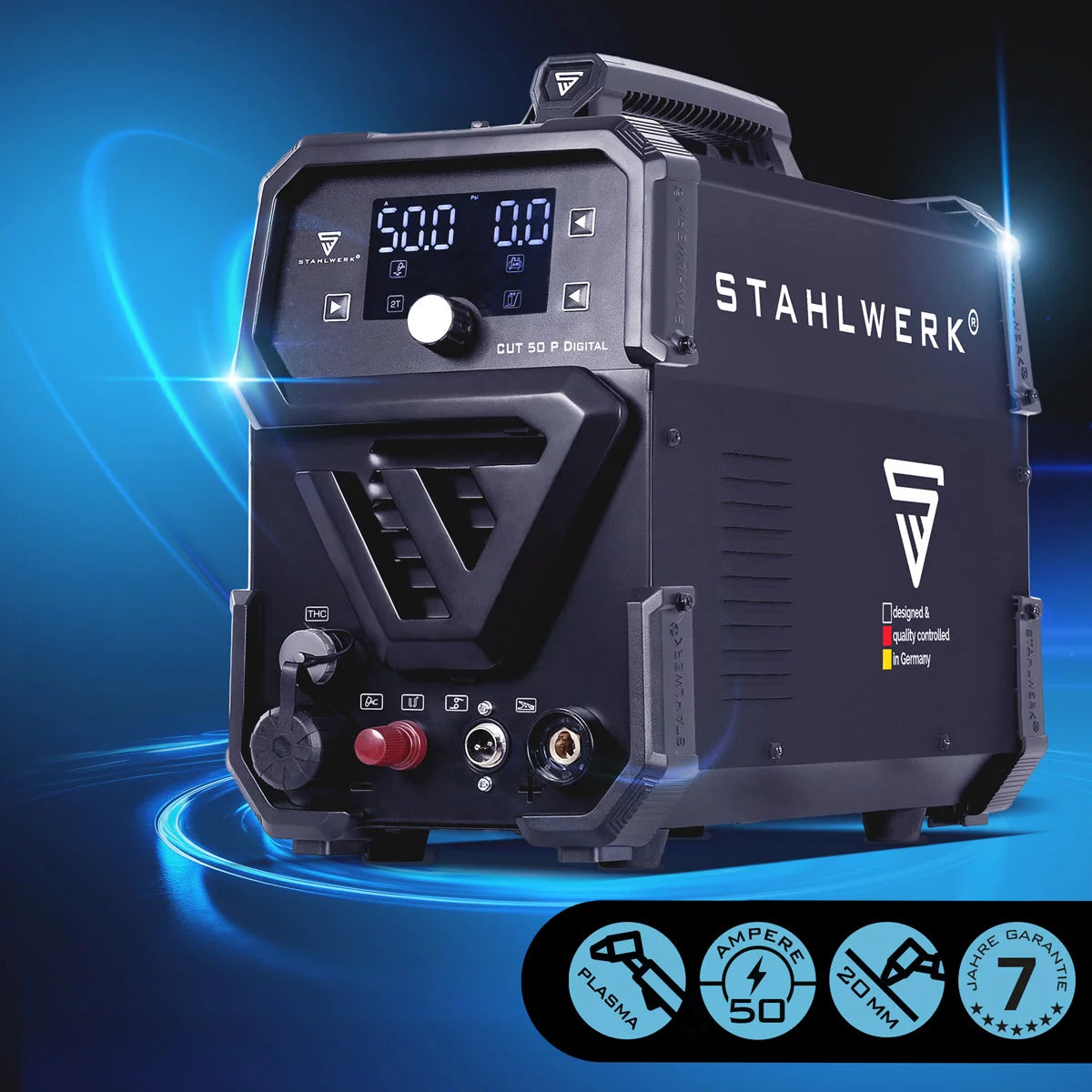 STAHLWERK Plasmaschneider CUT 50 P Digital | 50A Inverter-Plasmaschneider | Blowback-Zündung | Digitalanzeige | THC-Schnittstelle für CNC | Schneidleistung bis 20 mm | Plasma Cutter mit 2T/4T-Funktion