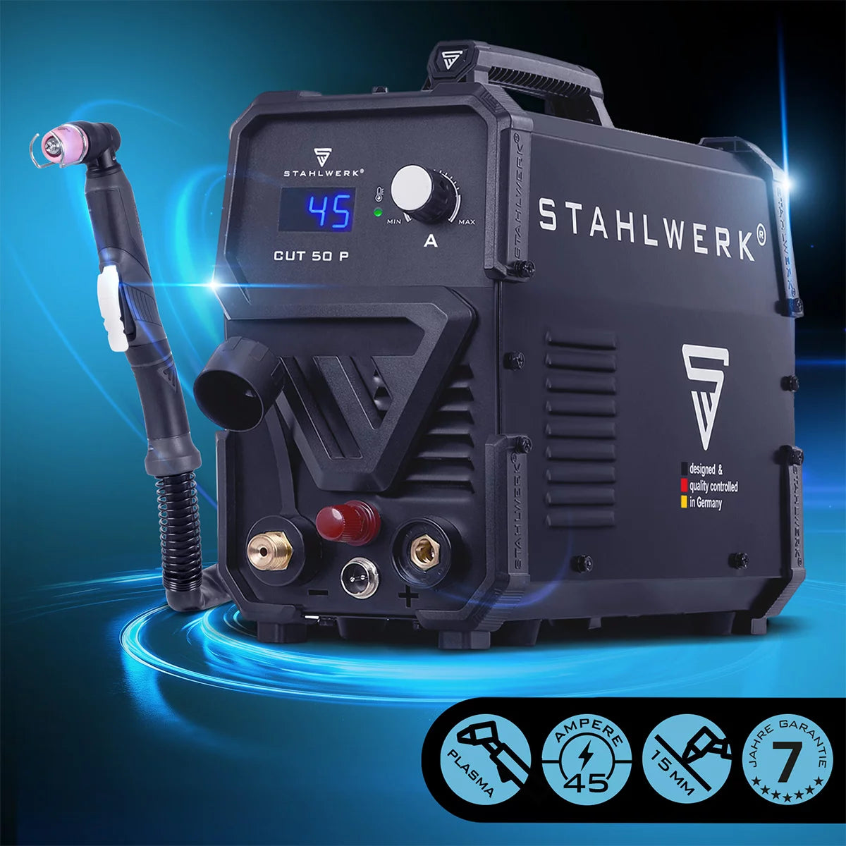 STAHLWERK Plasmaschneider CUT 50 P Vollausstattung | 45 A Inverter-Plasmaschneider | HF-Pilotzündung | Digitalanzeige | Schneidleistung bis 15 mm | Smart-Kühlung