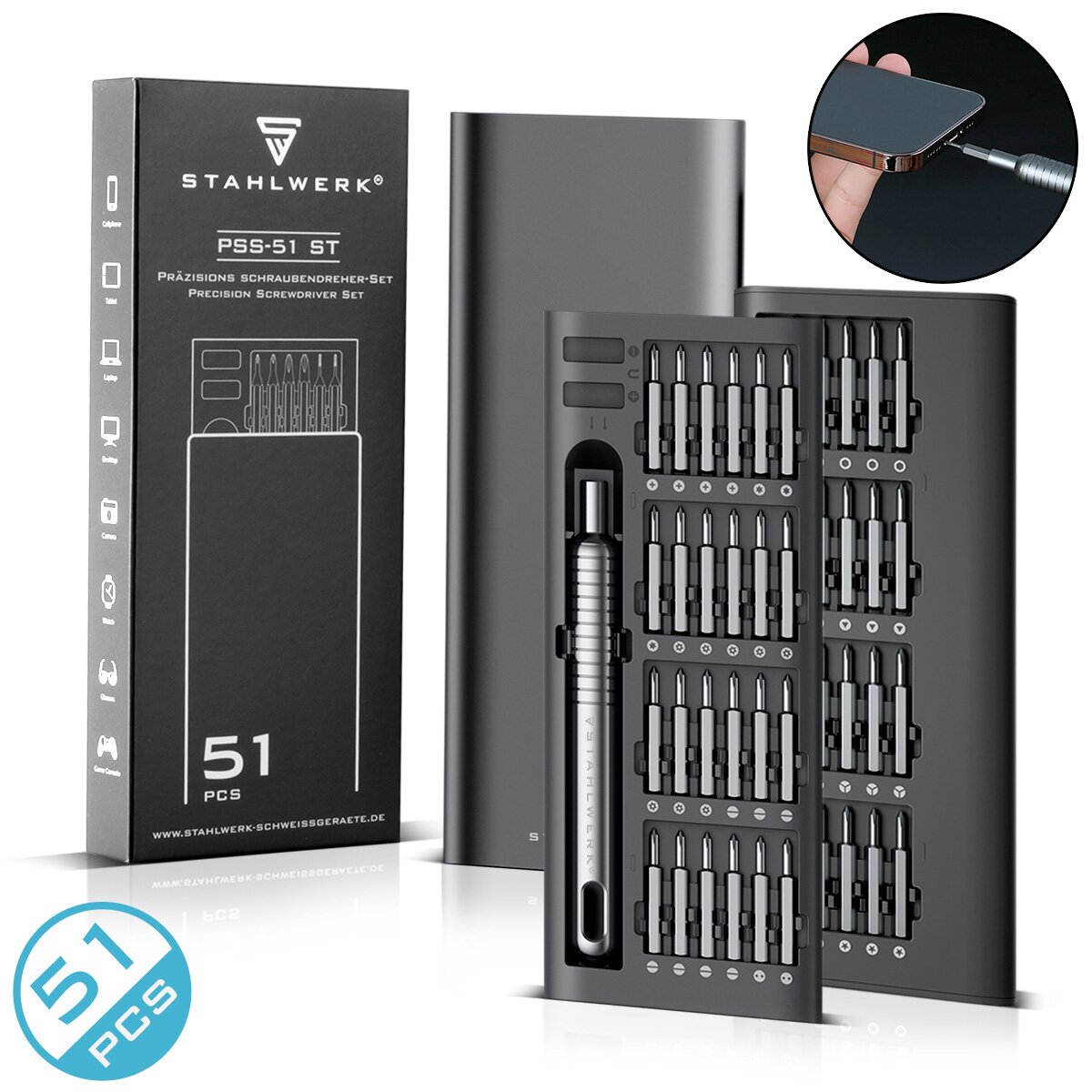 Jeu de tournevis de précision STAHLWERK PSS-51 ST Jeu de mécanique de précision 51 pièces | Outil fin | Tournevis fin | Tournevis fin avec jeu d'embouts en chrome vanadium