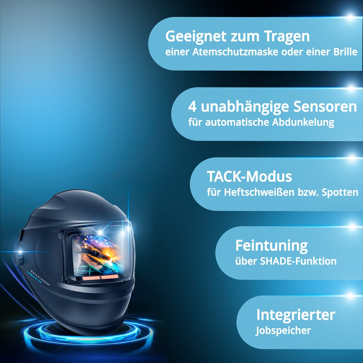 STAHLWERK Automatik-Schweißhelm RAPTOR 3-in-1 Schweißermaske mit LED-Licht, True-Colour-Echtfarbwiedergabe, Jobspeicher, automatischer Abdunkelung DIN 4 bis DIN 13 und Optischer Klasse 1/1/1/2