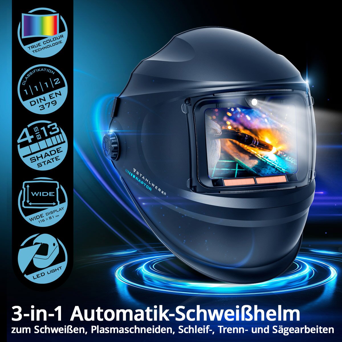 STAHLWERK Automatik-Schweißhelm RAPTOR 3-in-1 Schweißermaske mit LED-Licht, True-Colour-Echtfarbwiedergabe, Jobspeicher, automatischer Abdunkelung DIN 4 bis DIN 13 und Optischer Klasse 1/1/1/2