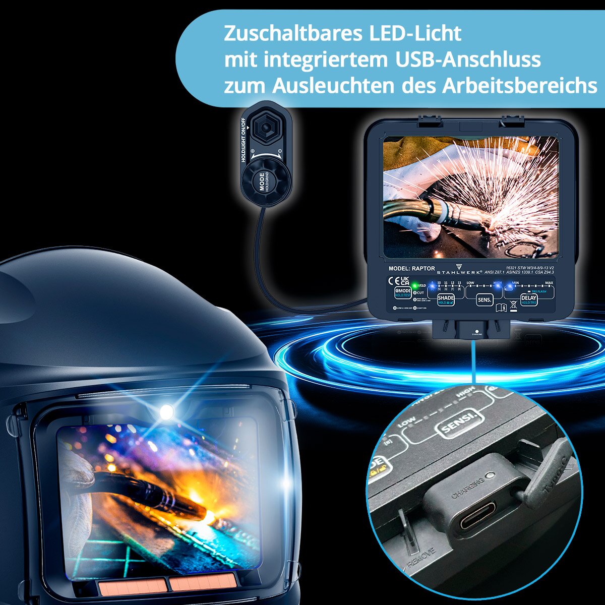 STAHLWERK Automatik-Schweißhelm RAPTOR 3-in-1 Schweißermaske mit LED-Licht, True-Colour-Echtfarbwiedergabe, Jobspeicher, automatischer Abdunkelung DIN 4 bis DIN 13 und Optischer Klasse 1/1/1/2