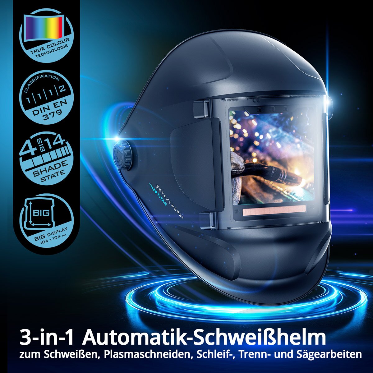 STAHLWERK Automatik-Schweißhelm TITAN 3-in-1 Schweißerhelm | Schweißermaske mit True-Colour-Echtfarbwiedergabe, Jobspeicher, automatischer Abdunkelung DIN 4 bis DIN 14 und Optischer Klasse 1/1/1/1