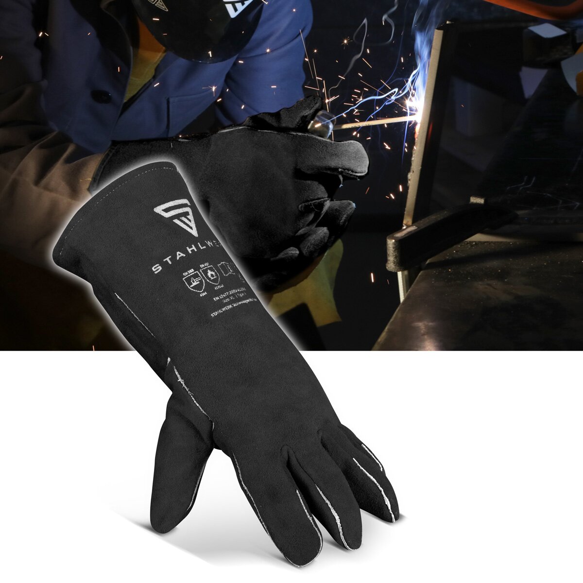 Guantes de protección para soldadura STAHLWERK, guantes de protección térmica extra resistentes Guantes de trabajo | Guantes de soldadura | Guantes resistentes al calor fabricados en serraje de alta calidad para soldadura y corte por plasma.