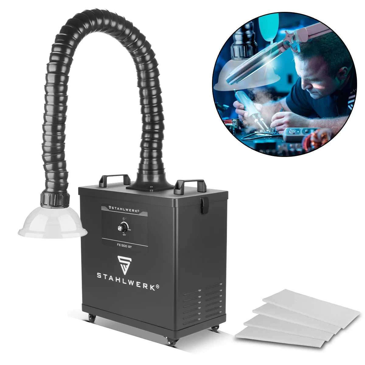 STAHLWERK Rauchabsaugung FE-300 ST | 300 Watt starke Absauganlage mit 3-fach-Filter | Sicherer Rauchabsorber und Rauchabzug | Schweißrauch- und Lötabsaugung zur Filterung von Rauch, Gasen und Dämpfen