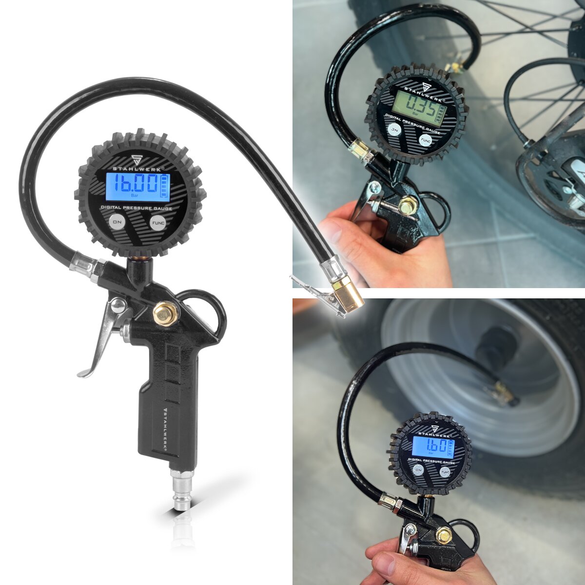 STAHLWERK digital compressed air tire inflation gun DRD-16 ST | Compressed air tire inflator with digital pressure gauge | Tire pressure gauge for cars, trucks, motorcycles, bicycles | Measuring range 0-16 Bar / 0-232 PSI