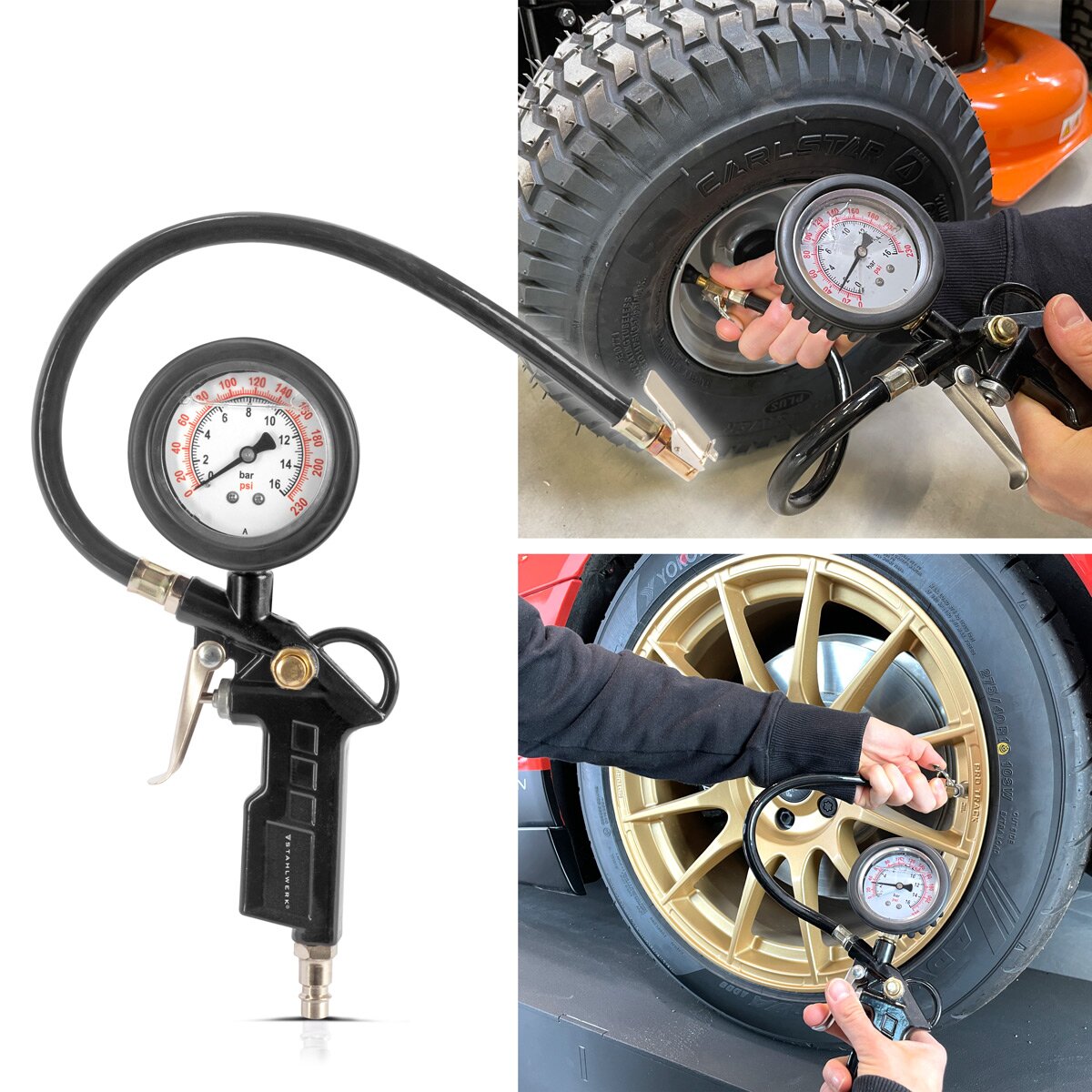 Pistola para inflar neumáticos de aire comprimido STAHLWERK DRA-161 ST | Inflador de neumáticos de aire comprimido con manómetro | Manómetro de neumáticos 2 en 1 para coches, camiones, motos, bicicletas | Rango de medición 0 a 16 bar/ 0 a 230 PSI