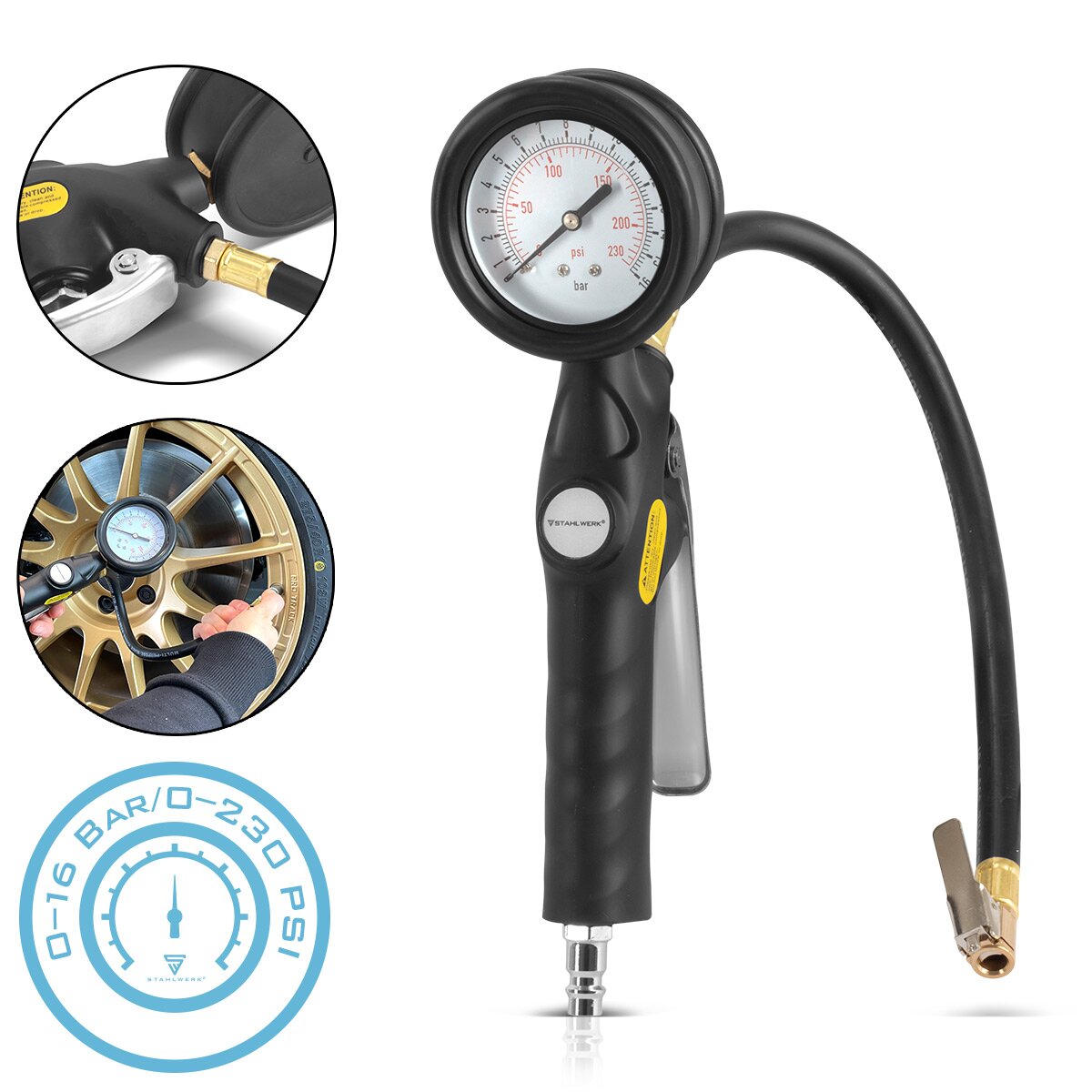 STAHLWERK compressed air tire inflation gun DRA-162 ST | Compressed air tire inflator with pressure gauge measuring range | 2-in-1 tire pressure gauge for cars, trucks, motorcycles, bicycles | Measuring range 0 to 16 bar/ 0 to 230 PSI