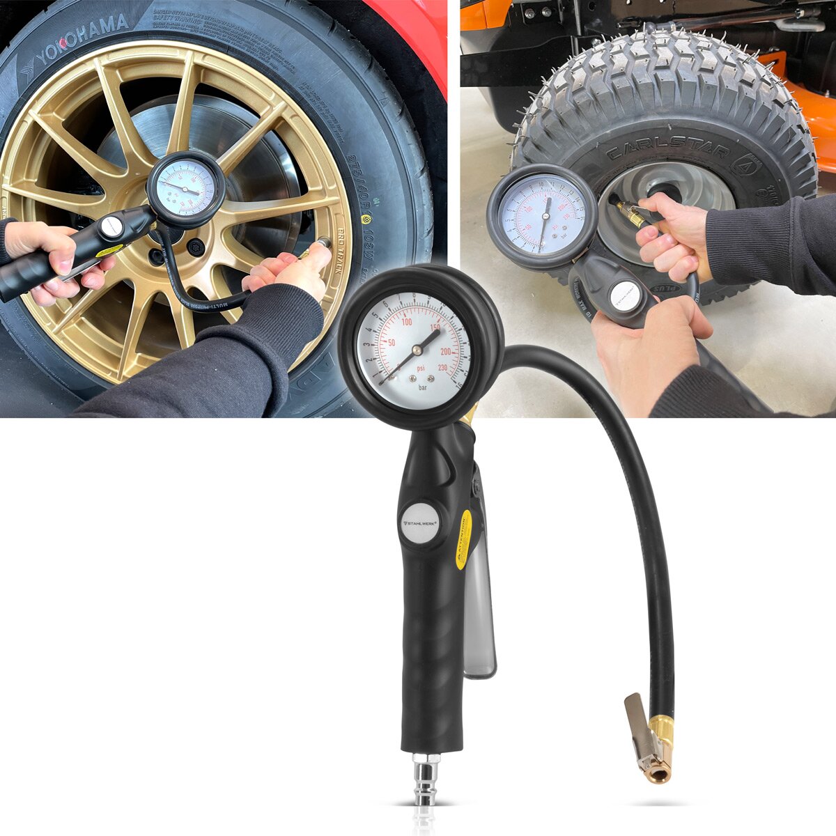 STAHLWERK compressed air tire inflation gun DRA-162 ST | Compressed air tire inflator with pressure gauge measuring range | 2-in-1 tire pressure gauge for cars, trucks, motorcycles, bicycles | Measuring range 0 to 16 bar/ 0 to 230 PSI