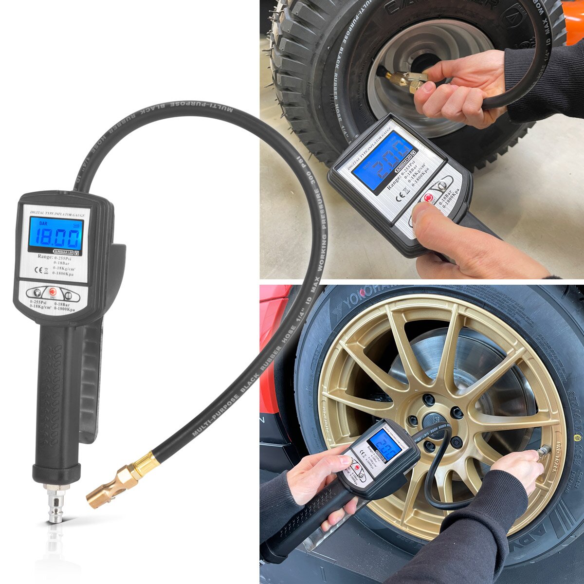 STAHLWERK Digitale Druckluft-Reifenfüllpistole DRP-18 ST | Druckluft Reifenfüller mit digitalem Manometer | Digital Reifendruckprüfer für PKW, LKW, Motorrad, Fahrrad | Messbereich 0-18 Bar / 0-255 PSI
