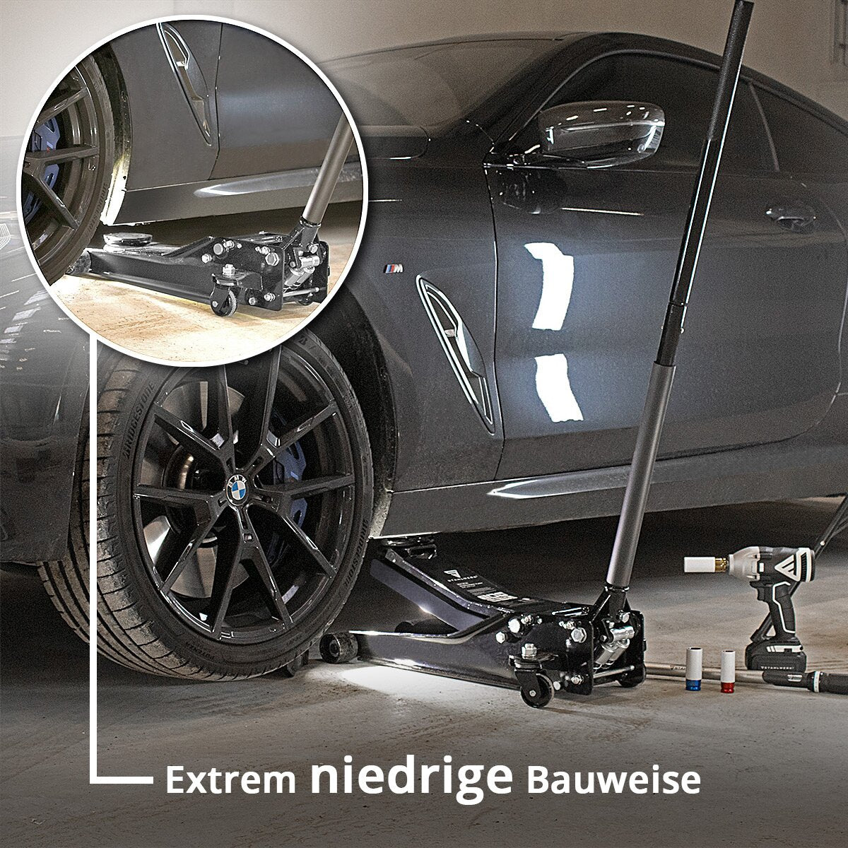 STAHLWERK Reifenwechsel-Set Pro bestehend aus einem extra flachen Rangier-Wagenheber, Drehschlagschrauber, Drehmomentschlüssel, Magnetschale und Arbeitshandschuhen