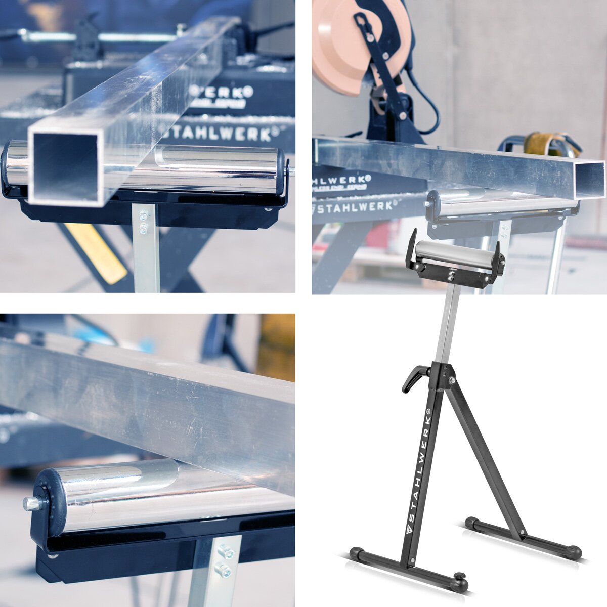 STAHLWERK Rollenbock RB-110 ST Arbeitsbock | Klappbock höhenverstellbar von 720 bis 1.100 mm mit 60 kg Tragkraft und Rollenauflage
