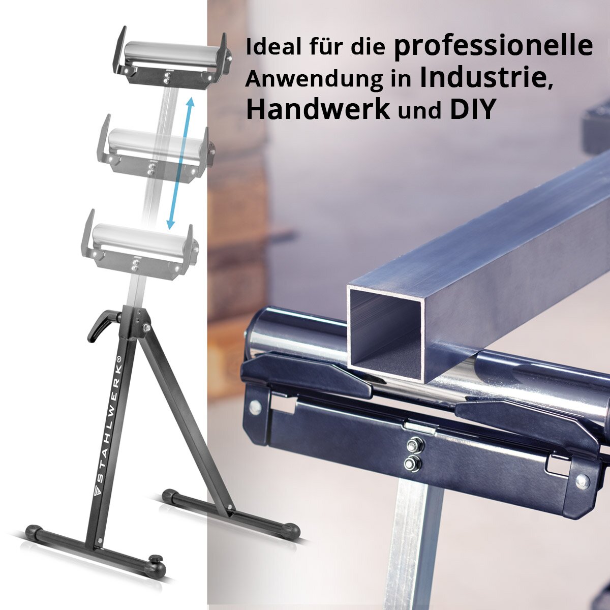 STAHLWERK Rollenbock RB-110 ST Arbeitsbock | Klappbock höhenverstellbar von 720 bis 1.100 mm mit 60 kg Tragkraft und Rollenauflage