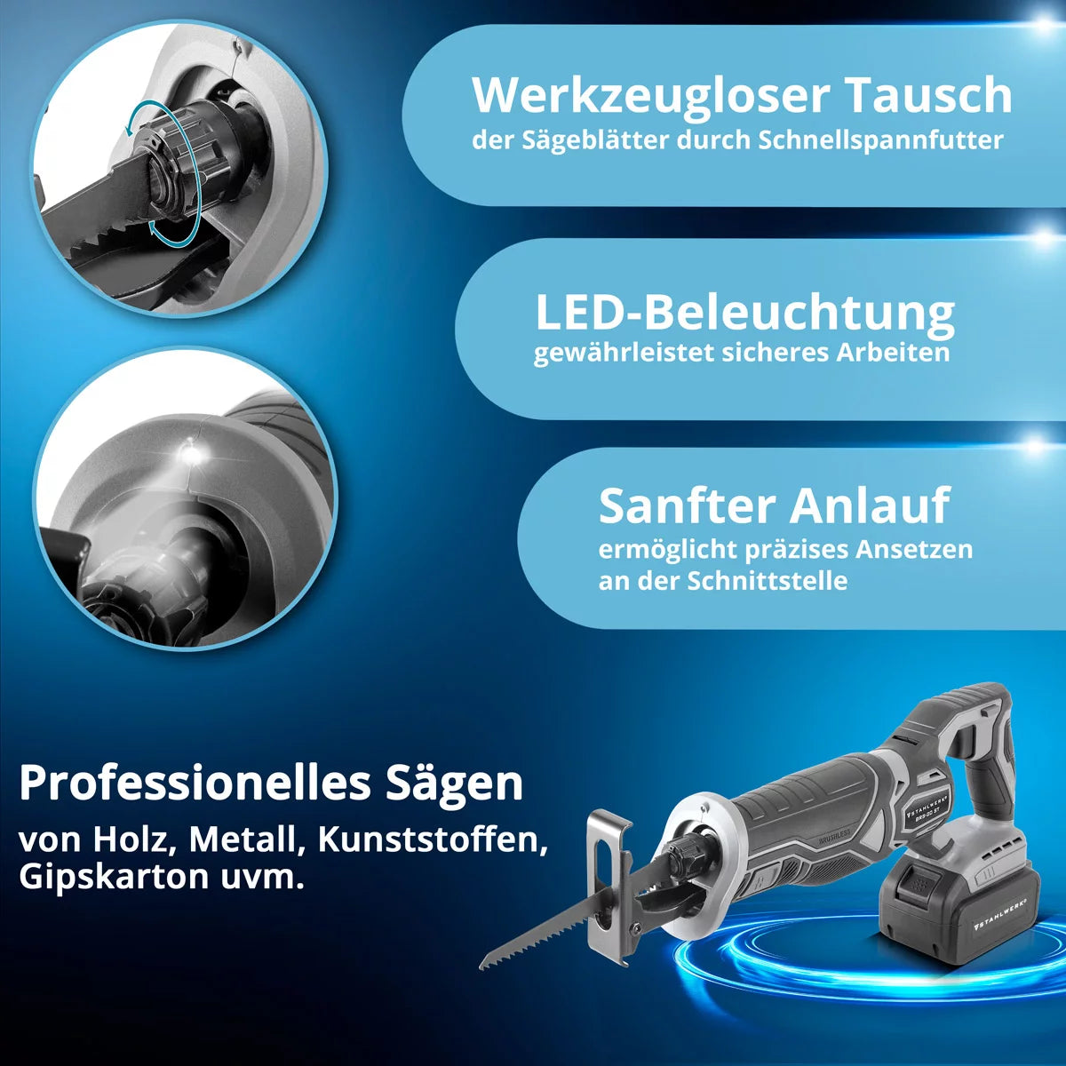 Scie alternative sans fil STAHLWERK BRS-20 ST scie alternative / scie sauteuse / scie universelle avec 20 volts, batterie Li-ion 4 Ah, mandrin sans clé, régime de ralenti 0-2600 tr/min, longueur de course 28 mm