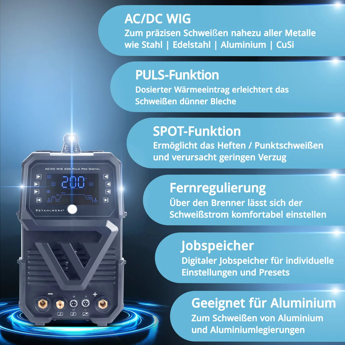 STAHLWERK inert gas welding machine AC/DC TIG 200 Puls Pro Digital | IGBT inverter with 200 amps, ARC/MMA function, job memory, pulse and spot function, suitable for aluminum and thin sheet metal