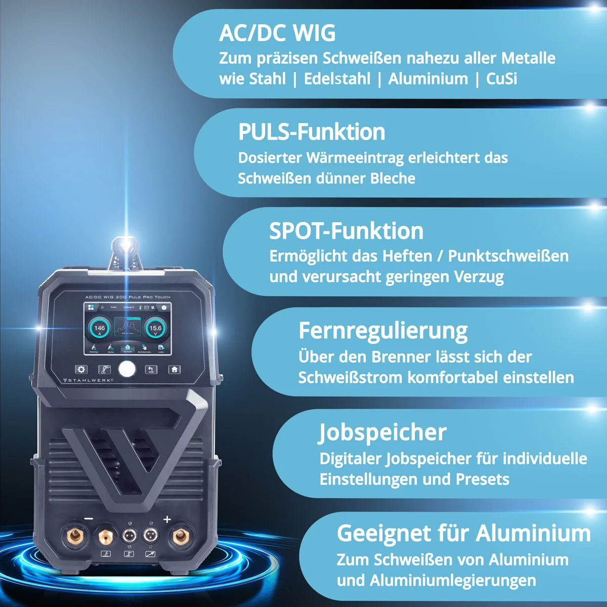 Saldatrice a gas inerte STAHLWERK AC/DC TIG 200 Puls Pro Touch inverter IGBT da 200 A completamente equipaggiato | Funzione ARC/MMA | Archiviazione lavori | Funzione pulsata e spot adatta per alluminio e lamiere sottili