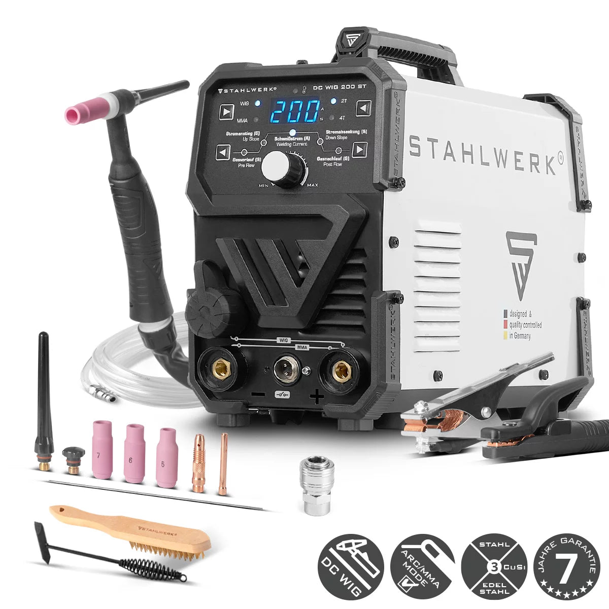 STAHLWERK DC TIG 200 ST | Saldatrice combinata 2 in 1 | TIGMMA | 200 ampere | Accensione HF, hot start, anti-stick | Per acciaio, acciaio inox, rame, ottone | Non adatto per l'alluminio