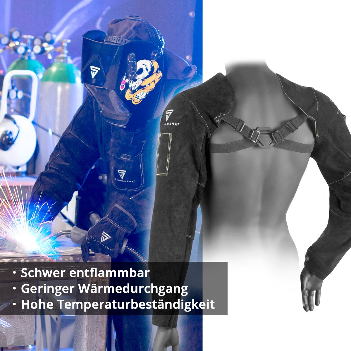 Manguitos de soldadura STAHLWERK | Guanteletes de soldador | | Protección del brazo de soldadura | Ropa de protección para soldar con correas de cuero serraje de alta calidad para soldadura y corte por plasma