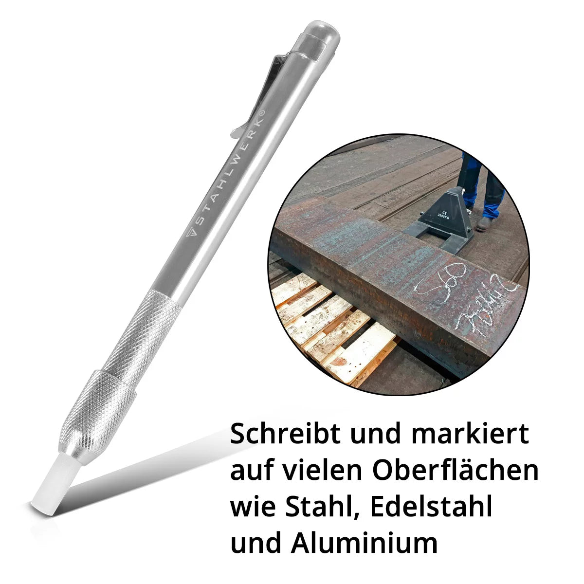 STAHLWERK Schweißerkreide Set 12-teilig, Kreidehalter flach und rund aus Aluminium, Specksteinstifte zum Nachfüllen mit 10 Specksteinkreidestücken zum Markieren auf Stahl, Edelstahl, Aluminium