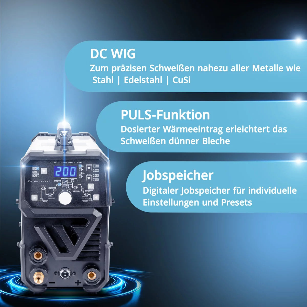 STAHLWERK DC TIG 200 Puls Pro fully equipped - digital professional TIG welding machine with MMA electric hand and pulse function, suitable for thin sheet metal