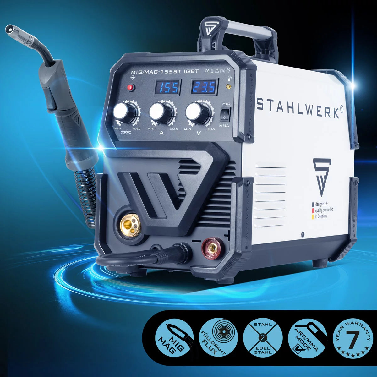 Soldadora STAHLWERK MIG MAG 155 ST IGBT con alimentación de hilo sinérgica y 155 amperios reales / soldadora de gas inerte con MMA / E-hand
