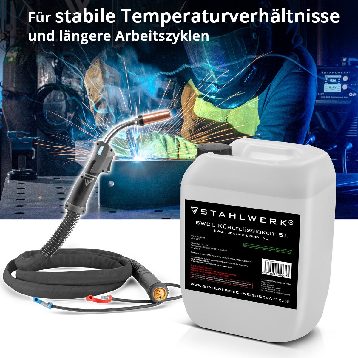 STAHLWERK SWCL Kühlflüssigkeit 5 l Kanister 25 µS/cm bis -15°C Kühlmittel | Wasserkühlung | Kühlwasser für Wasserkühler und wassergekühlte Schlauchpakete von Schweißgeräten und Plasmaschneidern