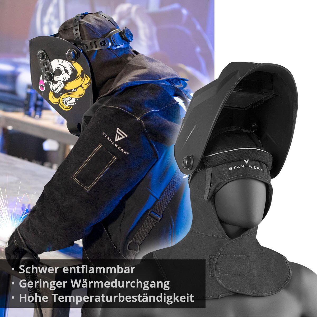 Cagoule de soudage STAHLWERK | Chapeau de soudeur | Casque de soudage | Capuchon de soudage | Masque de soudeur | Vêtements de protection ignifuges pour le soudage et le coupage plasma