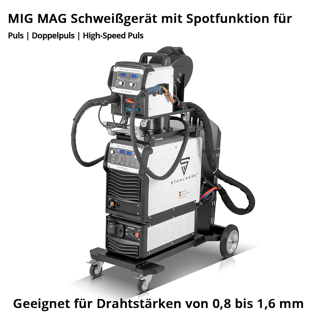 STAHLWERK Industrie-Schweißgerät MIG MAG 350 DP Vollausstattung Vollsynergischer, wassergekühlter IGBT Inverter mit 350 A und Spot-Funktion, MIG MAG Schweißanlage mit Puls | Doppelpuls | High-Speed Puls
