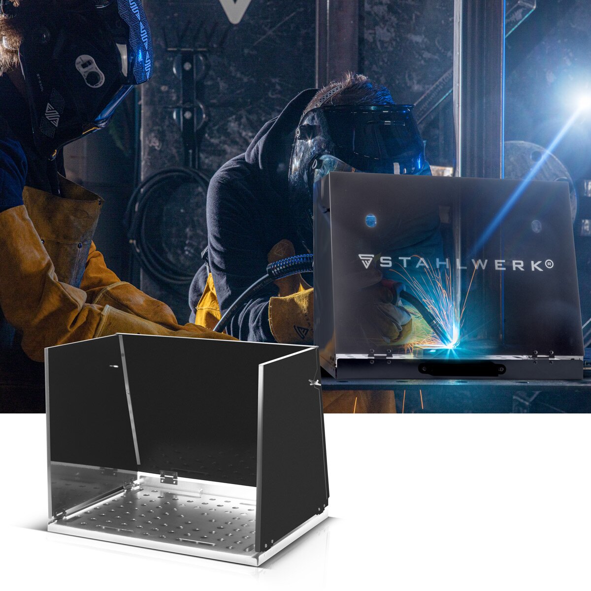 Accesorio para mesa de soldadura STAHLWERK SA-500 ST Cabina de soldadura móvil de 500 x 400 mm | Extensión de mesa de soldadura plegable para bancos de trabajo y mesas de montaje con placa perforada D16 para herramientas de sujeción