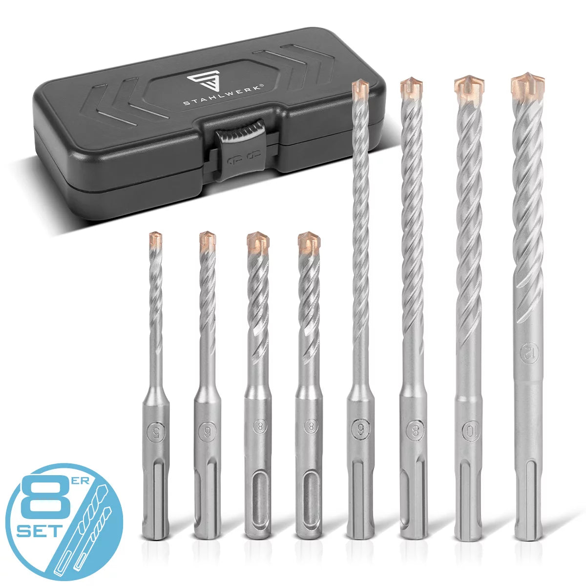 STAHLWERK SDS-Plus-Bohrer 8-teiliges Set mit Box | Durchmesser 5-12 mm | Kreuzschneide und Doppelwendel | Längen 110-160 mm | Steinbohrer und Betonbohrer für SDS-Plus Aufnahme 10 mm | Stark und präzise
